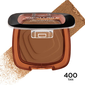 L'Oreal Paris bronzer brush swipe showing blendable texture and buildable coverage benefits