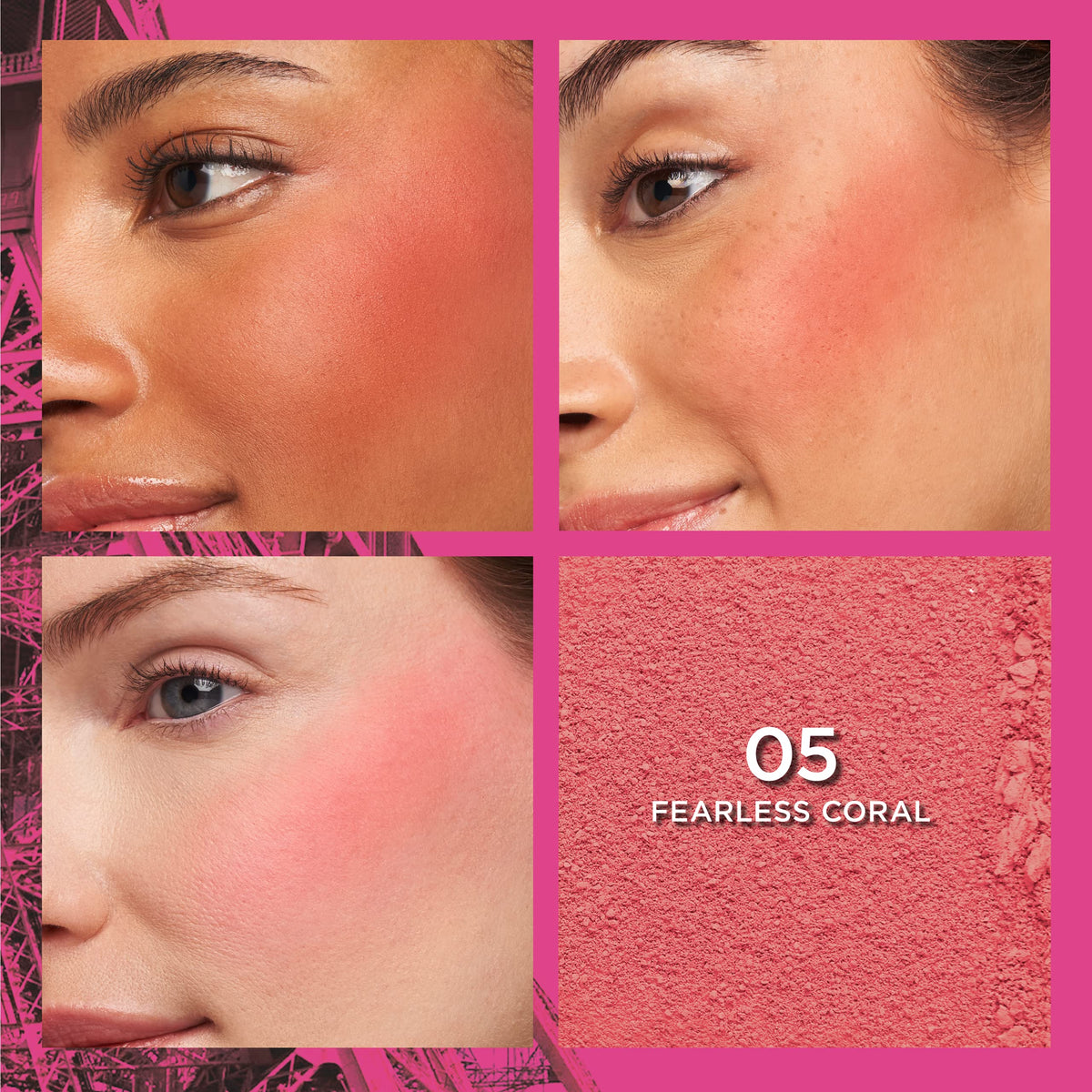 L'Oreal Paris Fearless Coral swatch showcasing bold coral payoff and blendability
