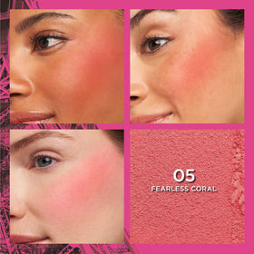 L'Oreal Paris Fearless Coral swatch showcasing bold coral payoff and blendability