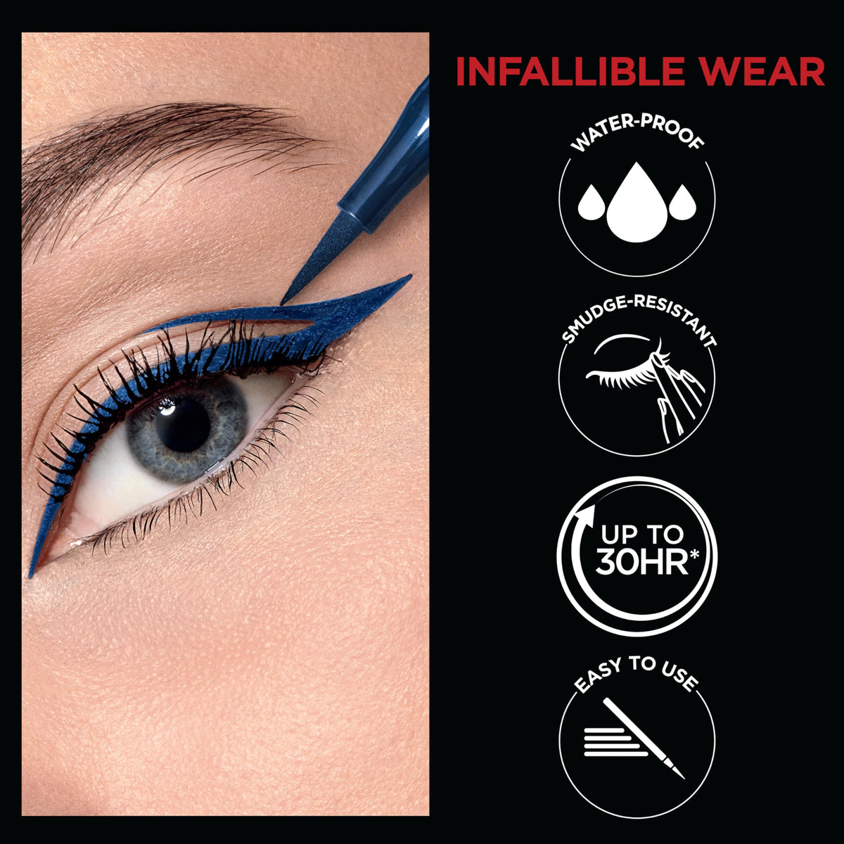 L'Oreal Paris Infallible Grip applied on eyelid demonstrating sharp grey wing for polished definition