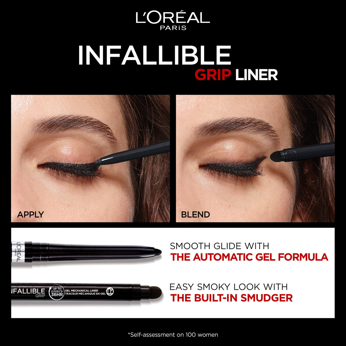 L'Oreal Paris pencil next to a coin showing compact size and travel-ready benefit