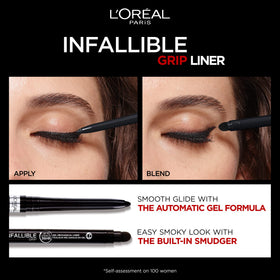 L'Oreal Paris pencil next to a coin showing compact size and travel-ready benefit
