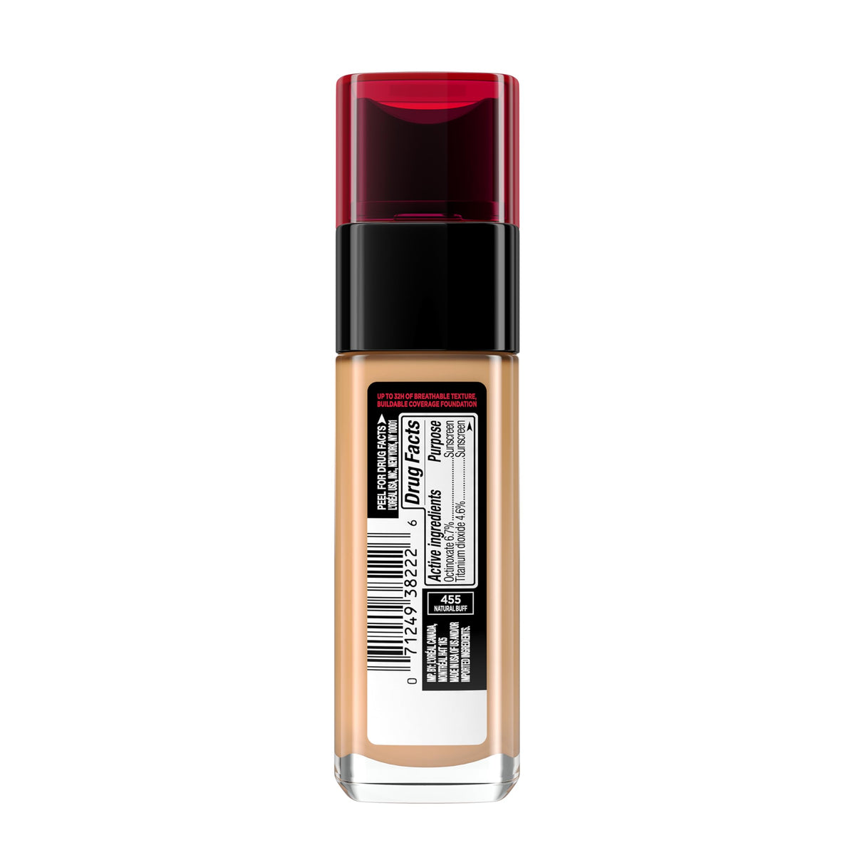 L'Oreal Paris foundation in a travel bag lifestyle shot showing portability and routine-ready benefit