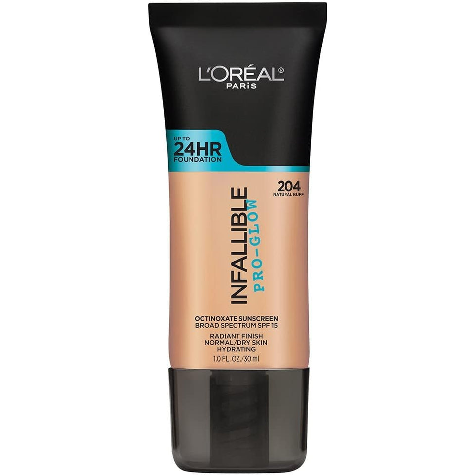 L'Oréal Paris front bottle view showing Natural Buff shade and radiant finish