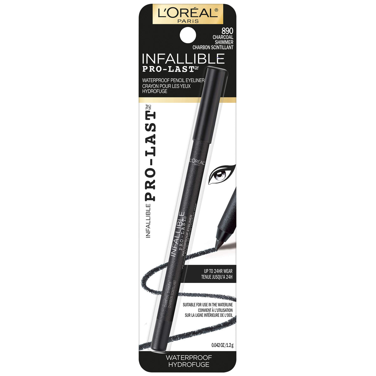 L'Oreal Paris pencil texture close-up illustrating creamy black shimmer for smooth glide