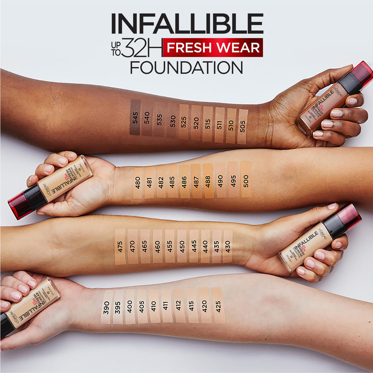 L'Oreal Paris swatch series on arm demonstrating shade 485 Golden Sun match options