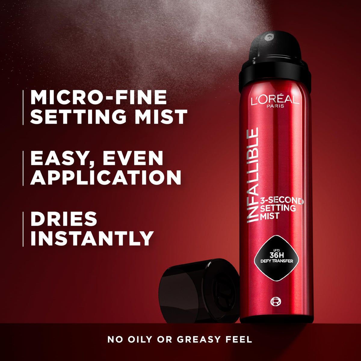 L'Oreal Paris mist demo over model face showing even coverage benefit