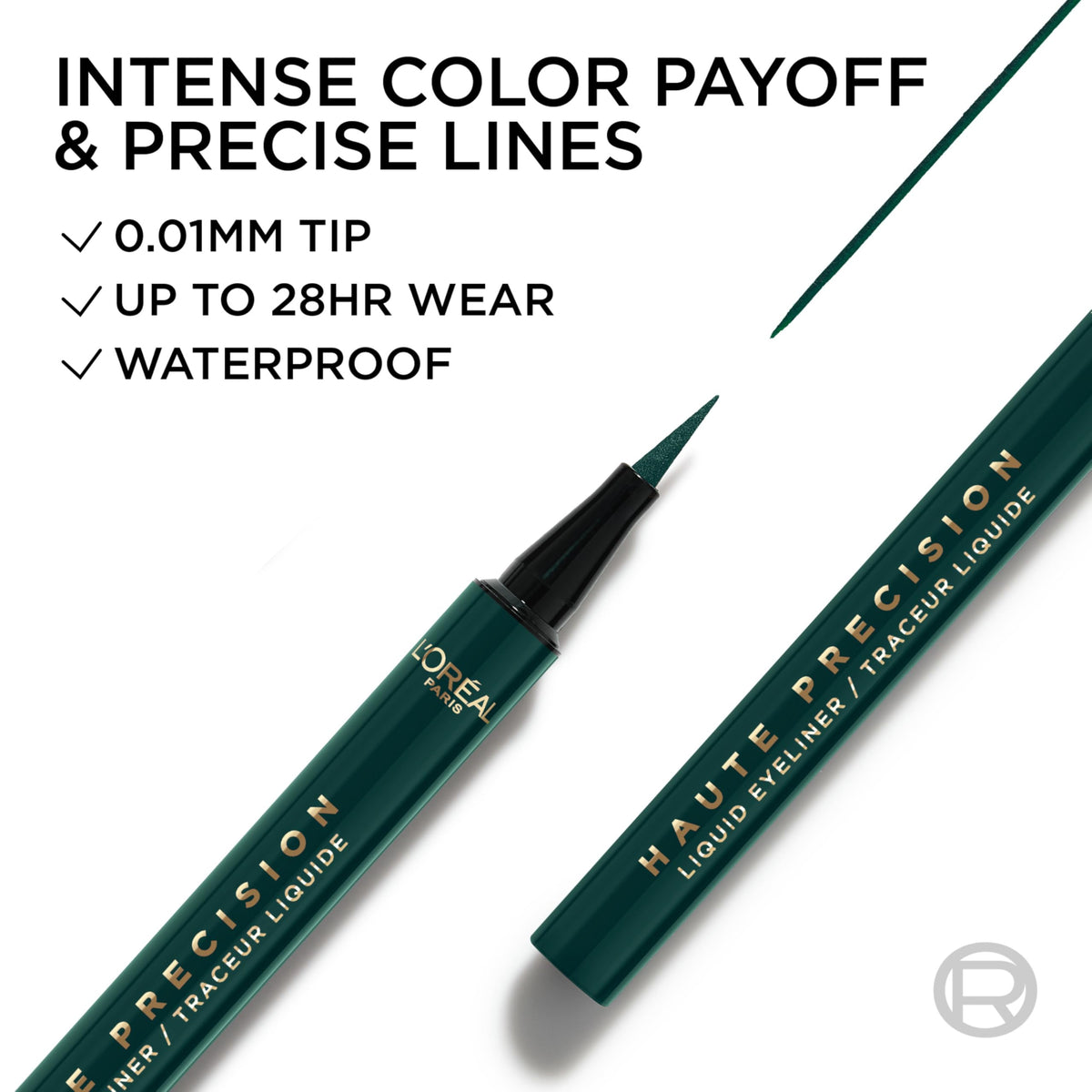 L'Oreal Paris ink swatch on skin demonstrating rich green pigment payoff