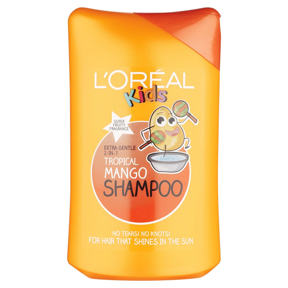 L'Oreal Paris front packaging of kids tropical mango shampoo shows fruity label and easy-pour cap for fun bath time