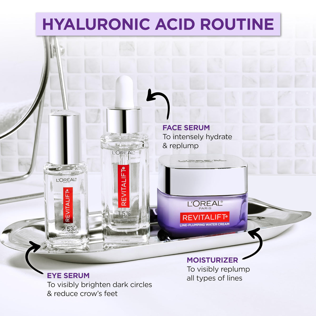 L'Oreal Paris label ingredient list visible highlighting hyaluronic acid and vitamin C