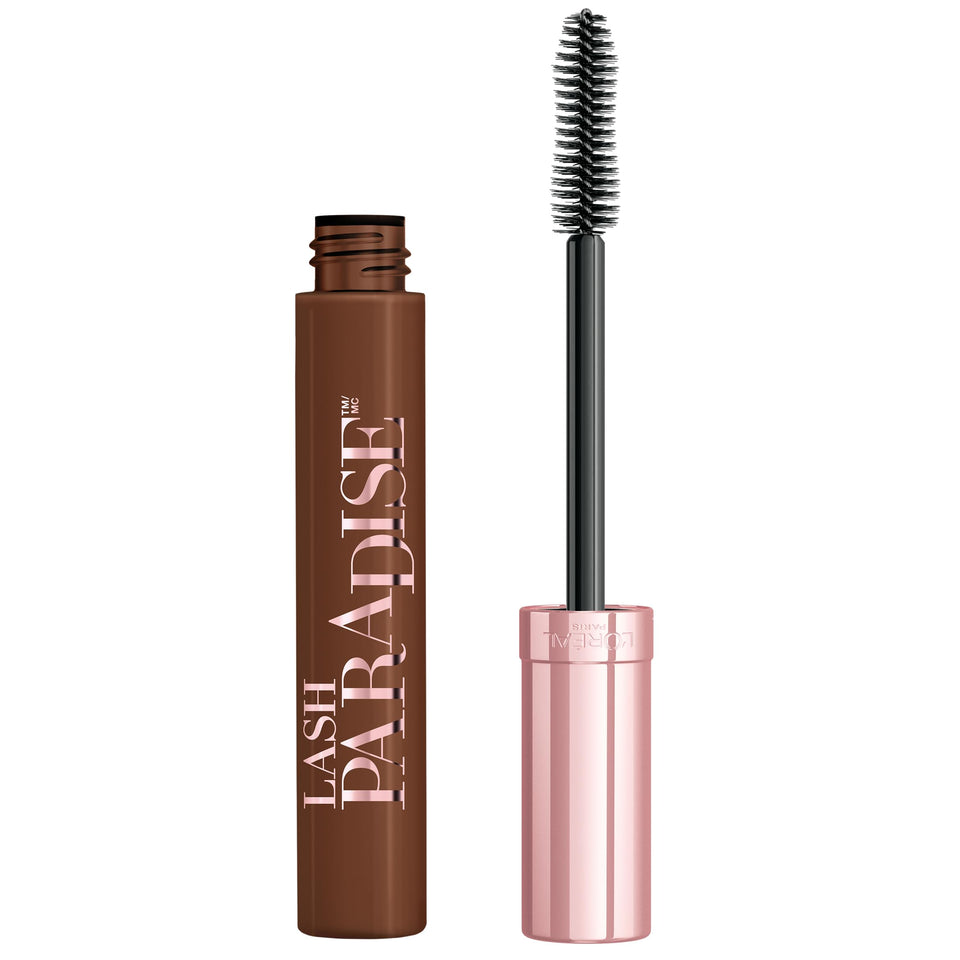 L'Oreal Paris front packaging showing Latte Brown mascara benefits