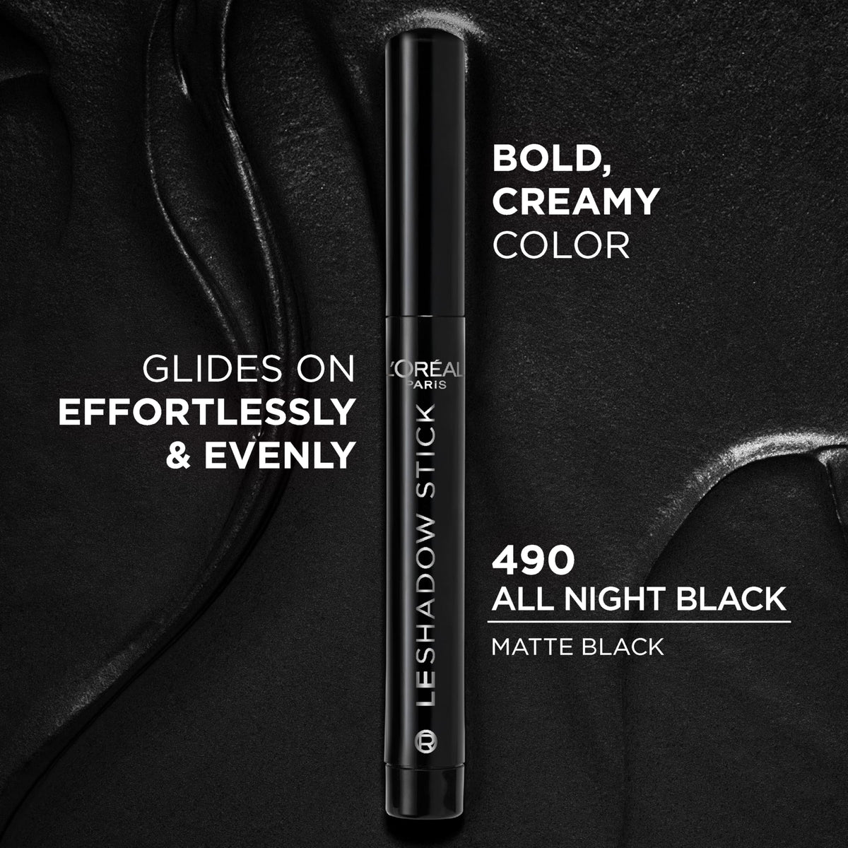L'Oreal Paris stick with cap removed revealing creamy black tip for precise application