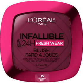L'Oreal Paris compact front view showing shade Legendary Berry 15 and label benefit long wear