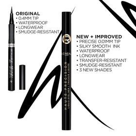 L'Oreal Paris eyeliner applied on eye creating a sharp wing and defined lashes