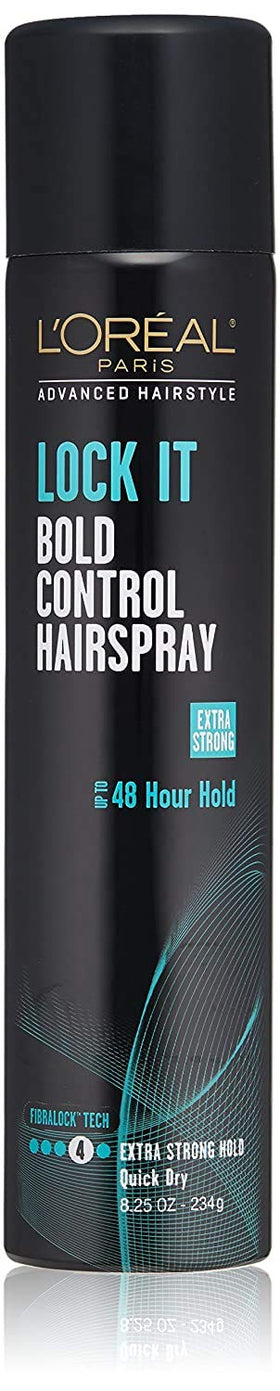 L'Oreal Paris Lock It Bold front packaging showing can and label, delivers long-lasting hold