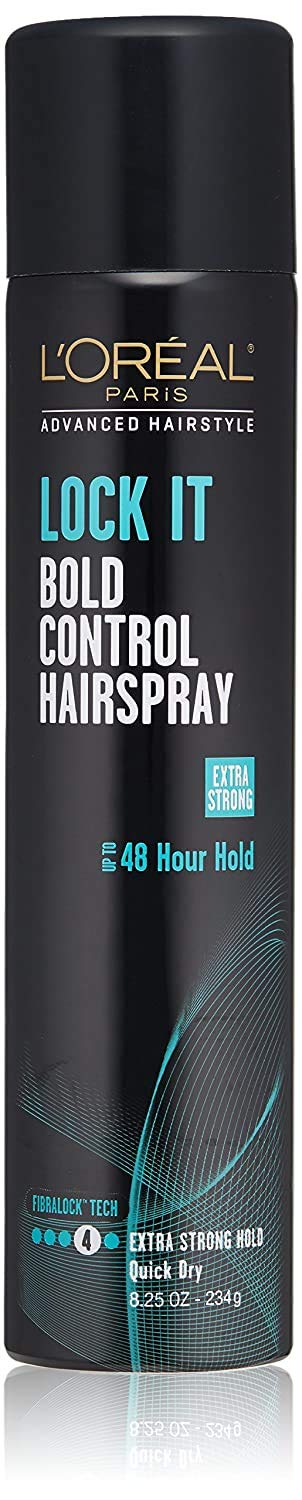 L'Oreal Paris Lock It Bold front packaging showing can and label, delivers long-lasting hold