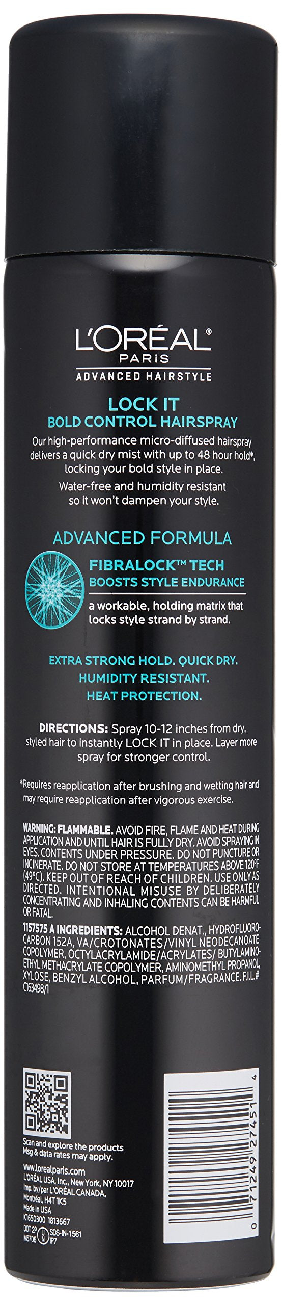 L'Oreal Paris Lock It Bold sprayed on finished updo, secures style and resists humidity