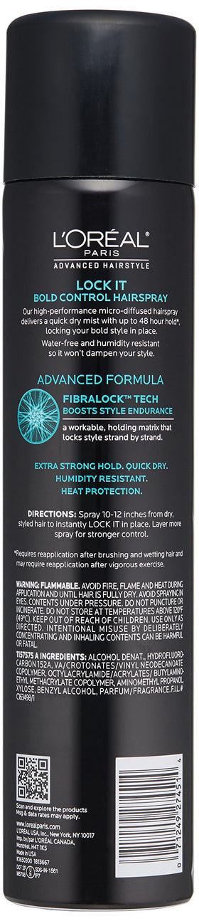 L'Oreal Paris Lock It Bold sprayed on finished updo, secures style and resists humidity
