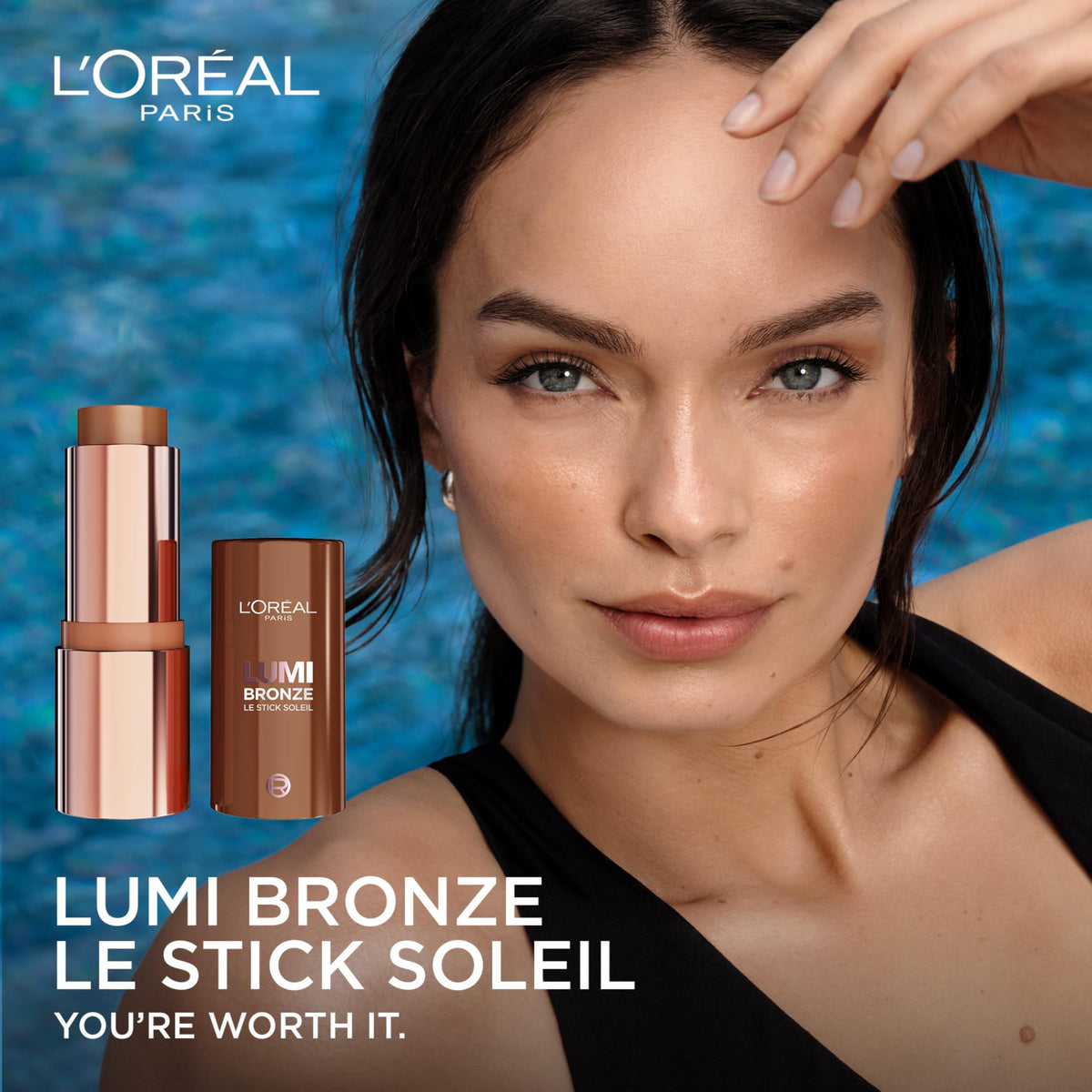 L'Oreal Paris bronzer stick twisted open revealing cream-to-powder tip for quick application