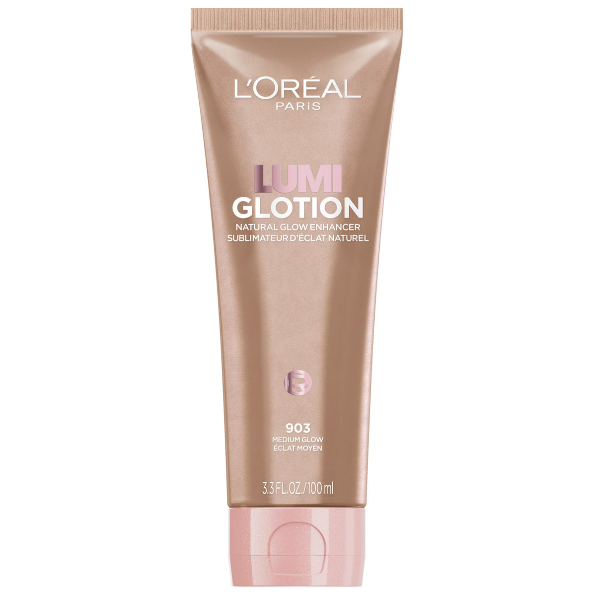L'Oreal Paris front bottle of Lumi Glotion XL showing full-size benefit