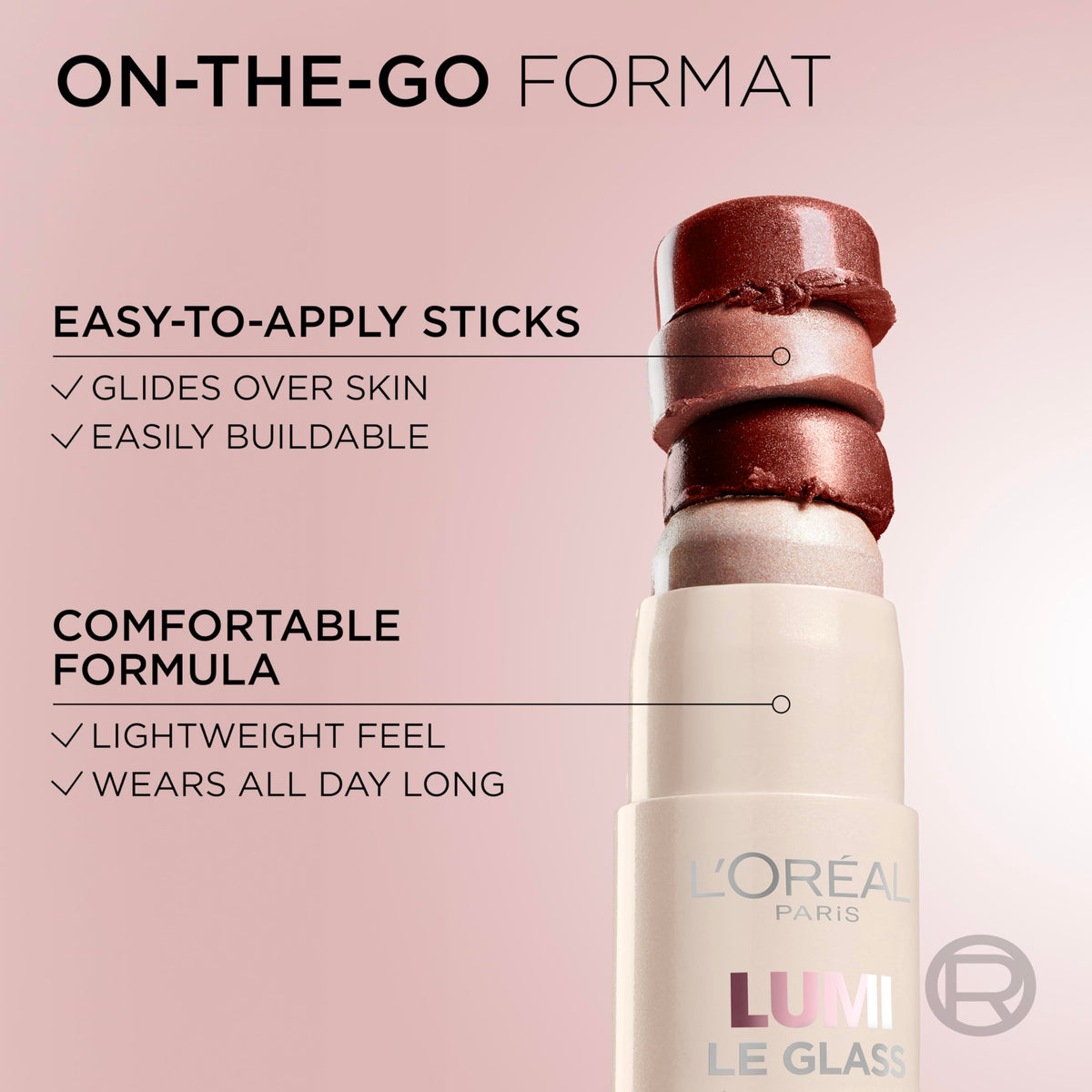 L'Oreal Paris labeled stick 625 Sunset Amour showing shade and reflective finish