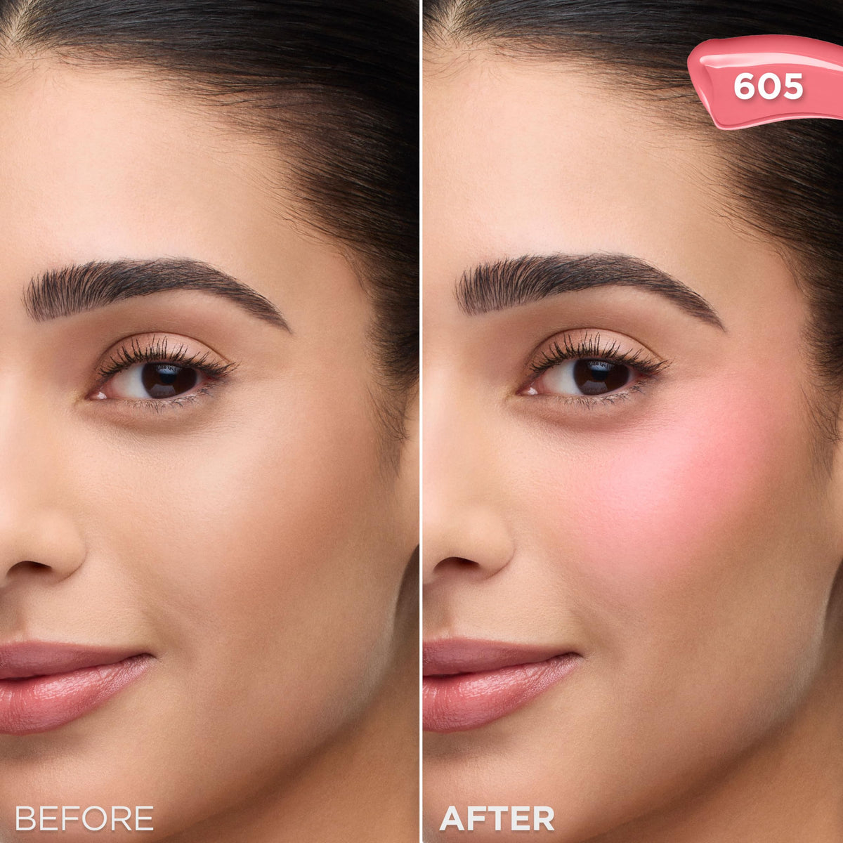 L'Oreal Paris model applying blush to cheeks for a natural glow