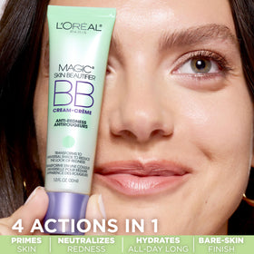 L'Oreal Paris tube open with cap off highlighting green base cream