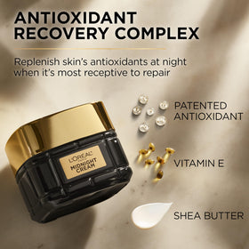L'Oreal Paris product with vitamin E drop visual emphasizing antioxidant support