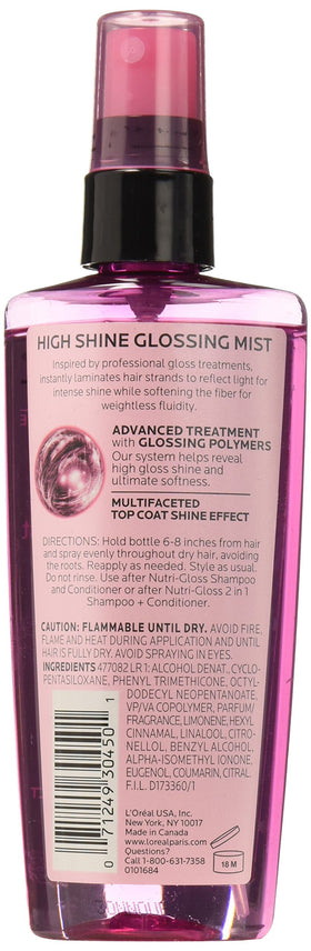 L'Oreal Paris Nutri-Gloss mist sprayed on hair adding instant visible shine