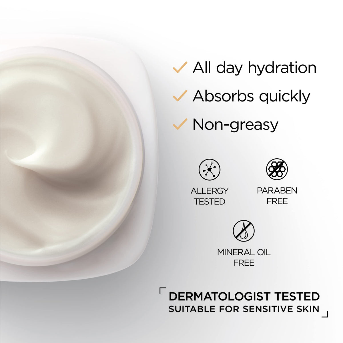 L'Oreal Paris open jar top view highlighting creamy, non-greasy moisturizer