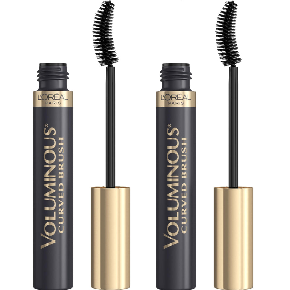 L'Oreal Paris front packaging showing black twin mascara tubes and benefits