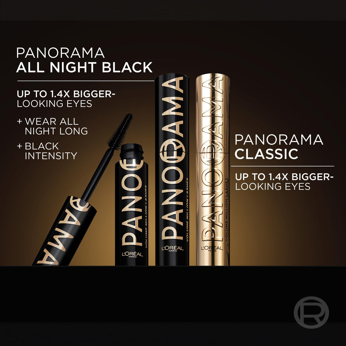 L'Oreal Paris Panorama application on lashes demonstrates fanned-out volume and lengthening benefit
