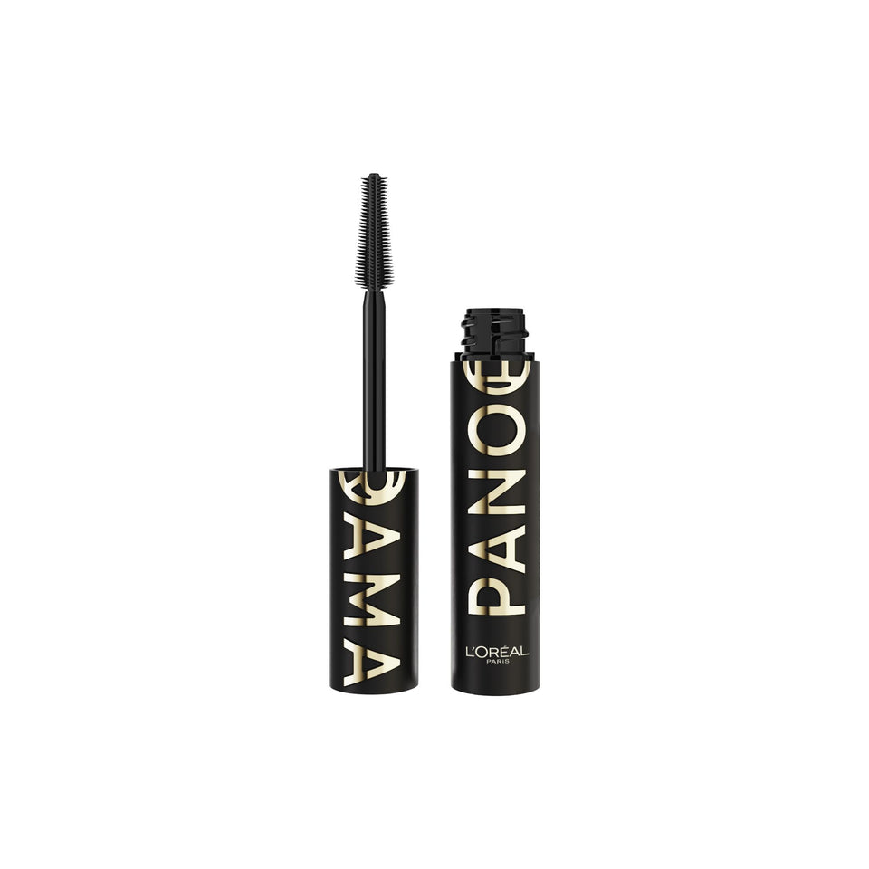 L'Oreal Paris Panorama mascara front tube shows compact, travel-ready packaging and bold branding