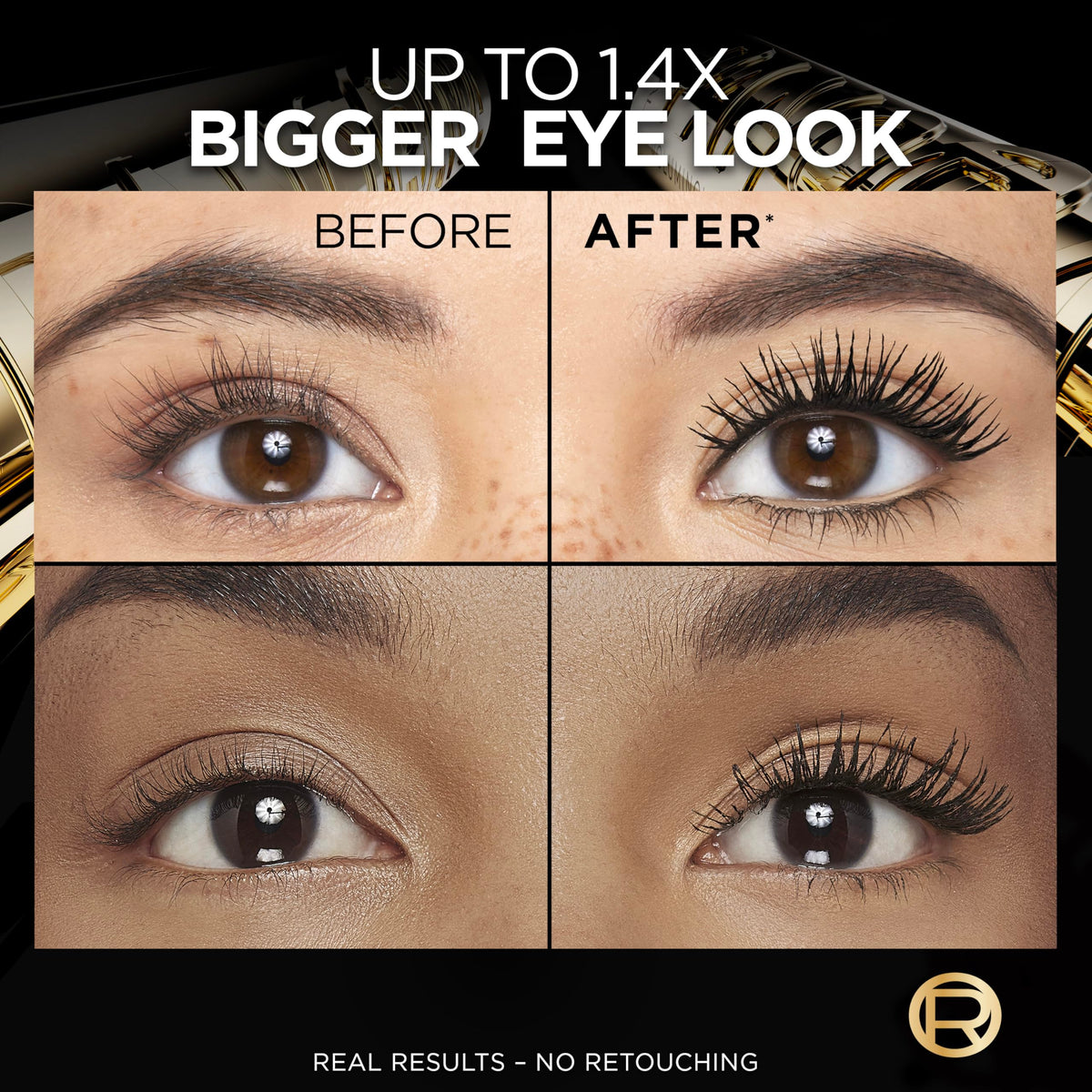L'Oreal Paris Panorama mascara applied on lashes showing fanned-out volume and separation