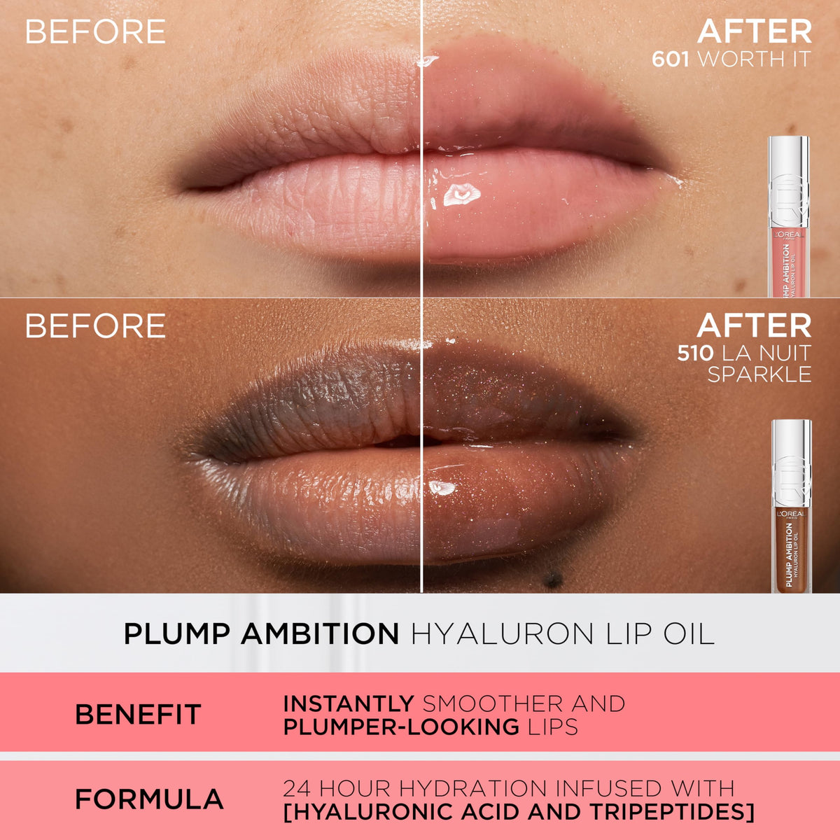 L'Oreal Paris Worth It 601 swatch on lips showing plump, glass-like shine
