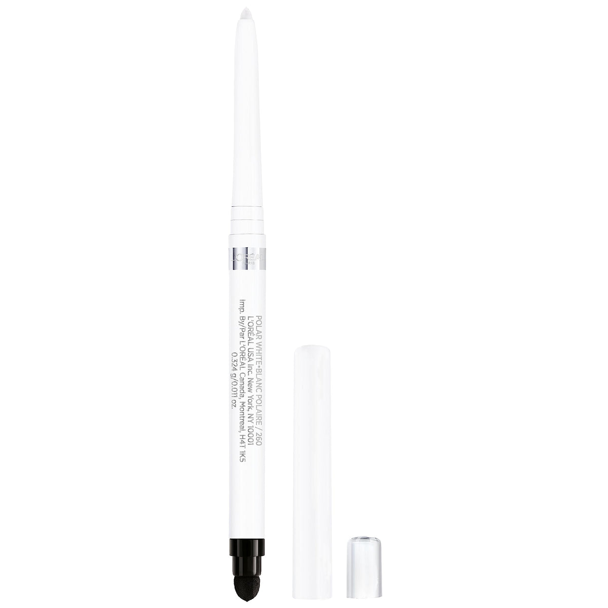 L'Oreal Paris Polar White pencil front view showing packaging and color benefit of precise definition