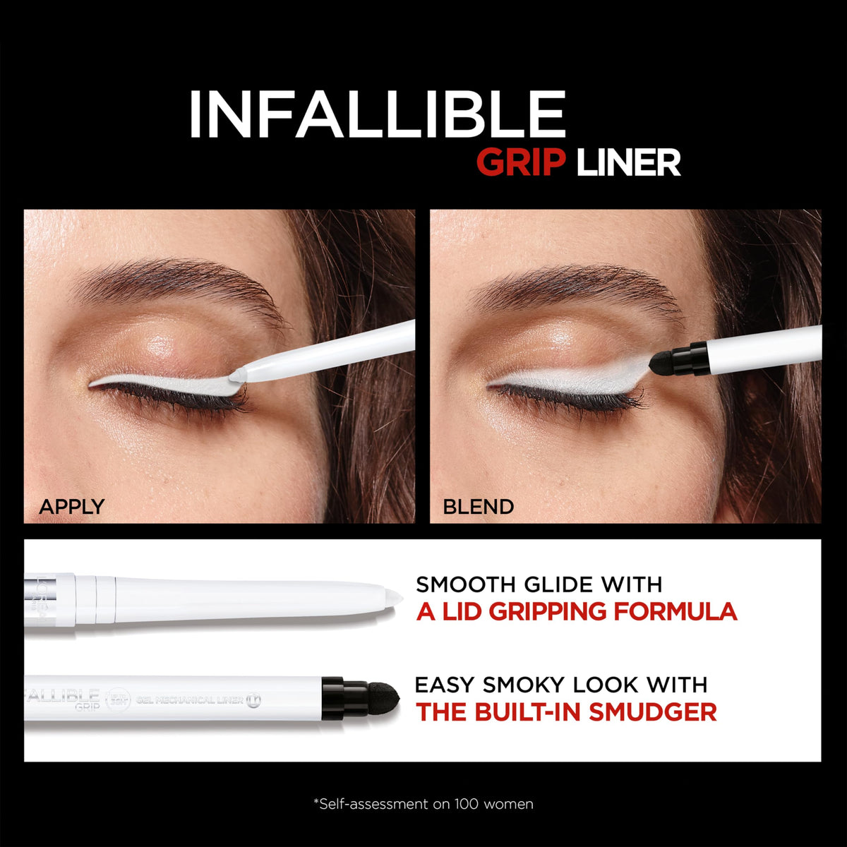 L'Oreal Paris Polar White applied on waterline showing brightening benefit and waterproof hold