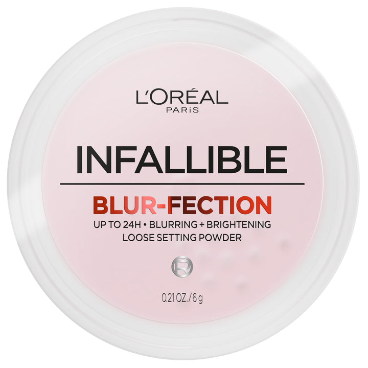 L'Oreal Paris powder front packaging showing compact jar and label, infallible finish benefit