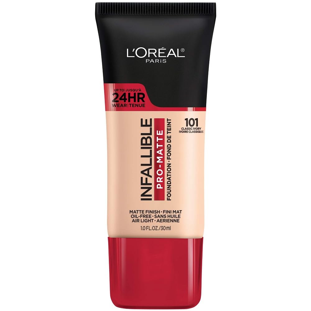 L'Oreal Paris Pro-Matte front bottle showing classic ivory shade and packaging benefit