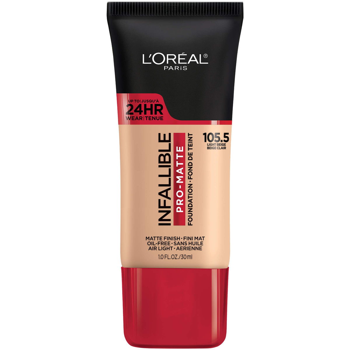 L'Oreal Paris bottle front packaging showing the shade Light Beige and product name, clear identification benefit