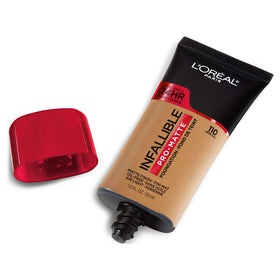 L'Oreal Paris creamy foundation texture on pump highlighting easy blending