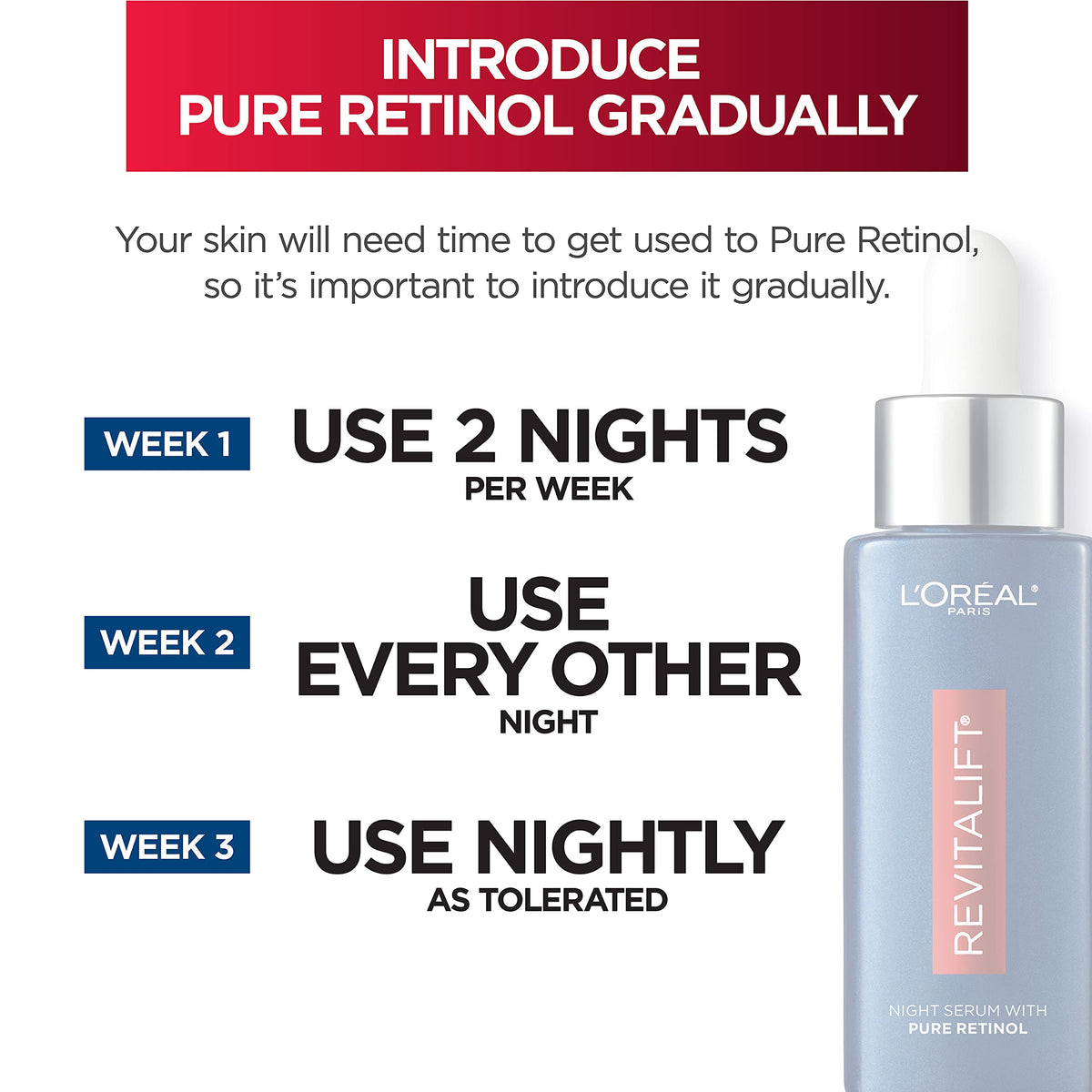 L'Oreal Paris bottle highlighting stability-designed cap, preserves potency benefit
