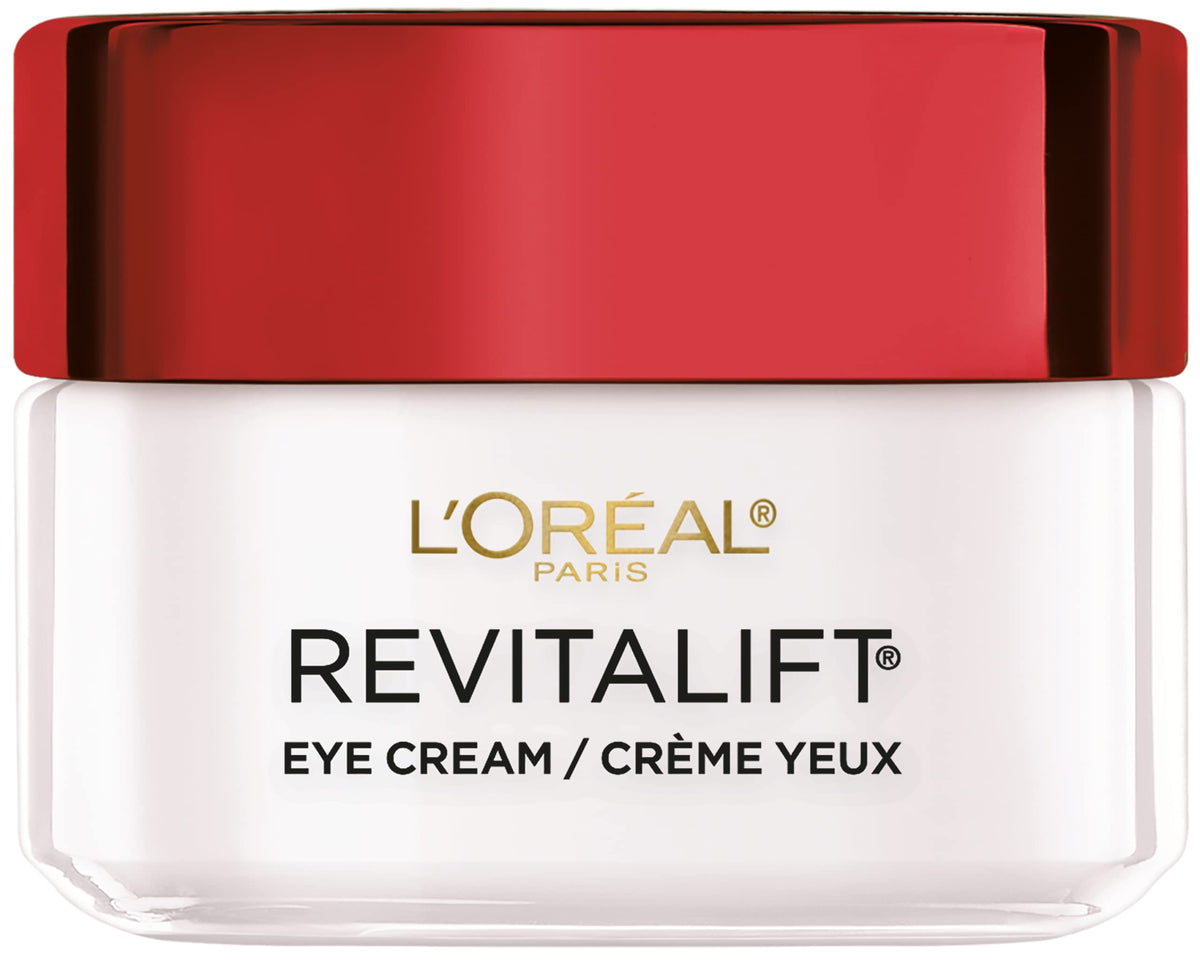 L'Oreal Paris front packaging of Revitalift eye cream shows product and brand benefit