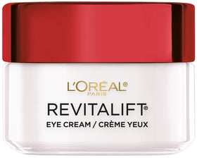 L'Oreal Paris front packaging of Revitalift eye cream shows product and brand benefit