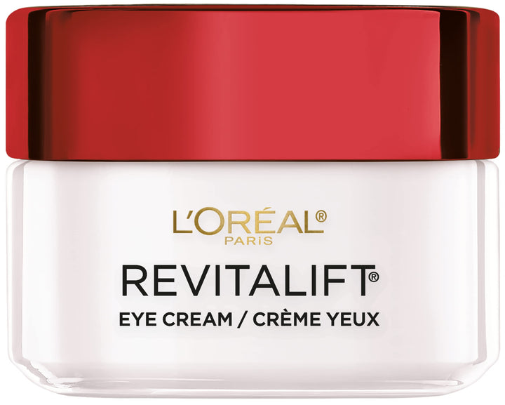 L'Oreal Paris front packaging of Revitalift eye cream shows product and brand benefit
