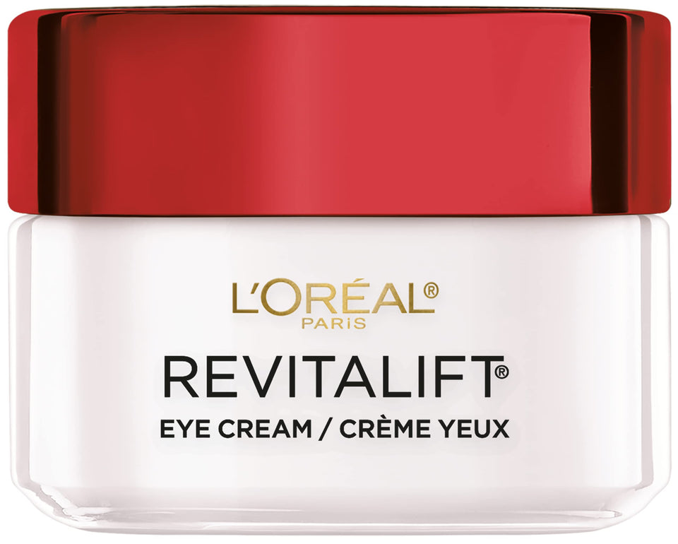 L'Oreal Paris front packaging of Revitalift eye cream shows product and brand benefit