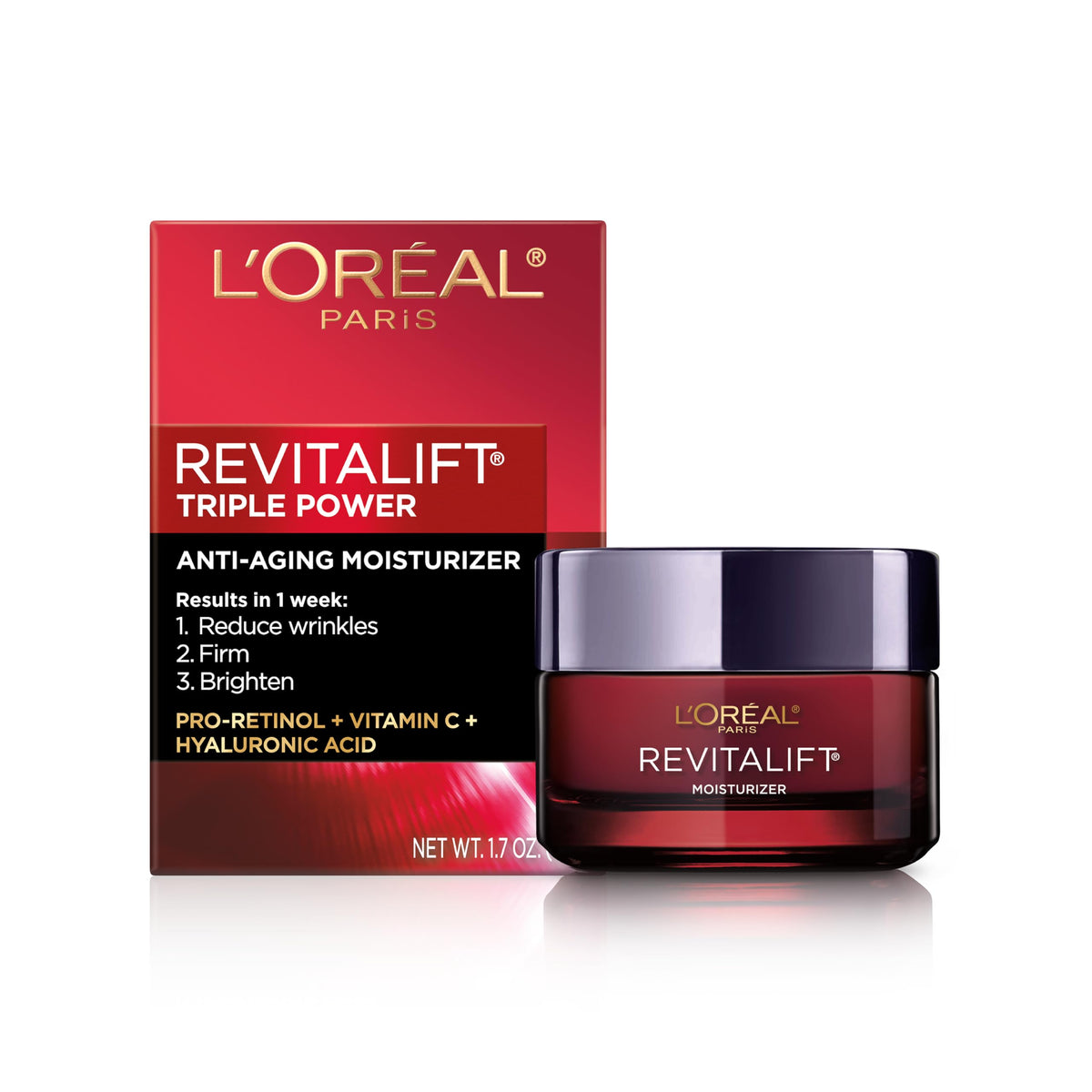 L'Oreal Paris jar front view showing product and modern packaging benefit: recognizable brand care