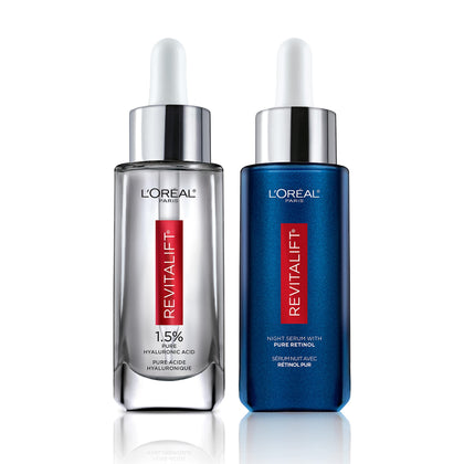 L'Oreal Paris front packaging showing the day and night serum benefits