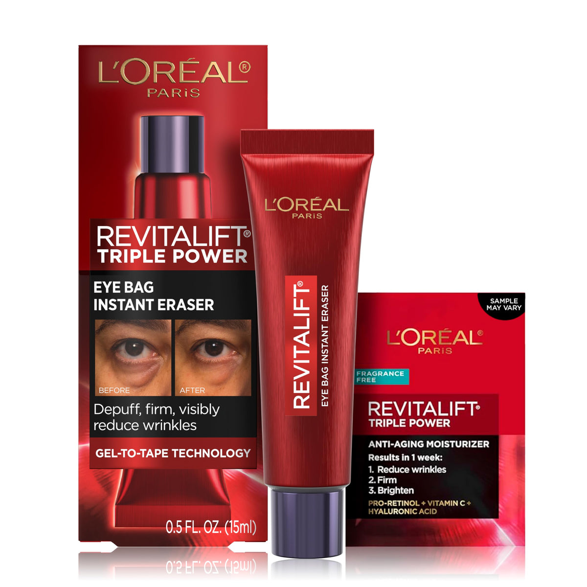 L'Oreal Paris front packaging showing compact 0.5 oz eye eraser for instant smoothing