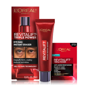 L'Oreal Paris front packaging showing compact 0.5 oz eye eraser for instant smoothing